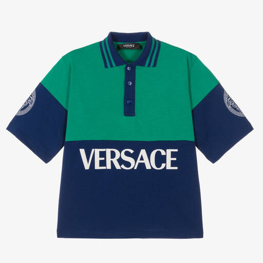 Versace-Boys Green & Blue Cotton Polo Shirt | Childrensalon