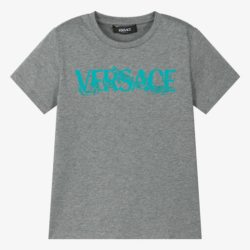 Versace-تيشيرت قطن لون رمادي مونس وأزرق للأولاد | Childrensalon