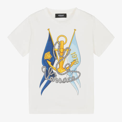 Versace-Кремовая футболка с морским флагом для мальчиков | Childrensalon