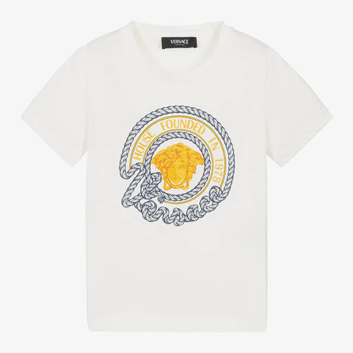 Versace-Кремовая футболка Medusa в морском стиле для мальчиков | Childrensalon