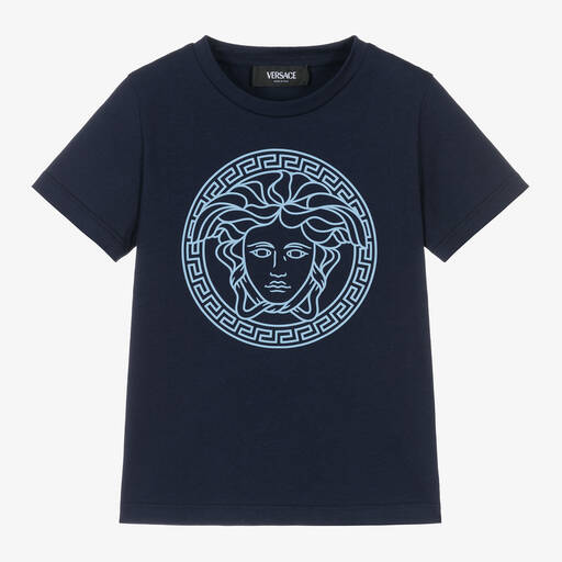 Versace-Boys Navy Blue Medusa Cotton T-Shirt | Childrensalon