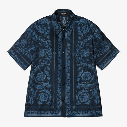 Versace-Boys Navy Blue Silk Barocco Shirt | Childrensalon