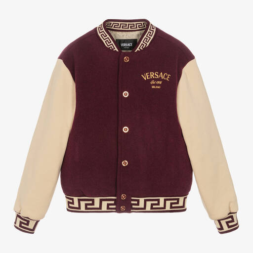 Versace-Boys Red Embroidered Wool Varsity Jacket | Childrensalon