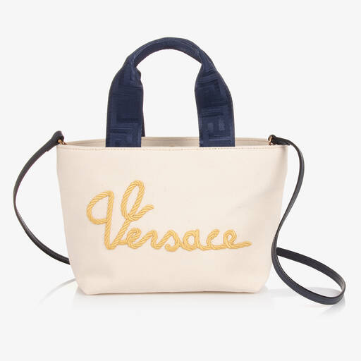 Versace-حقيبة يد قطن كانفاس لون بيج للبنات (28 سم) | Childrensalon