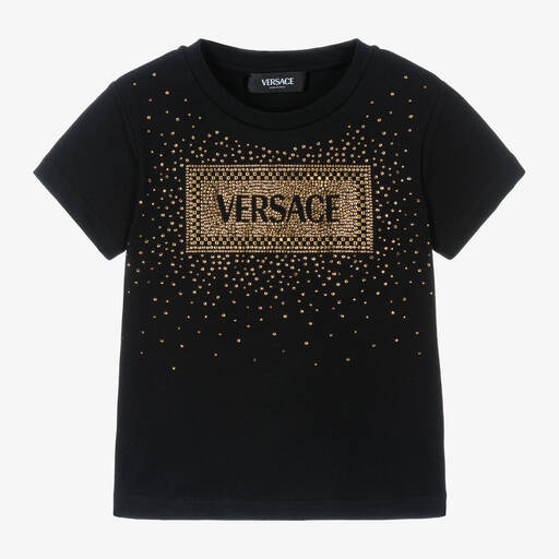 Versace-Girls Black Cotton Crystal T-Shirt | Childrensalon