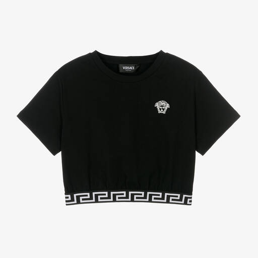 Versace-Girls Black Cotton T-Shirt | Childrensalon