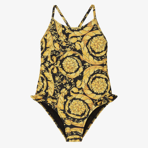 Versace-Girls Black & Gold Barocco Swimsuit | Childrensalon