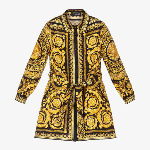 Versace-Robe soie noire et dorée Barocco | Childrensalon