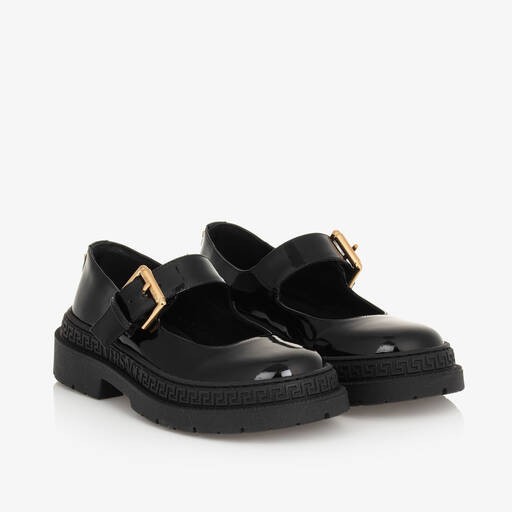 Versace-Girls Black Leather Greca Bar Shoes | Childrensalon