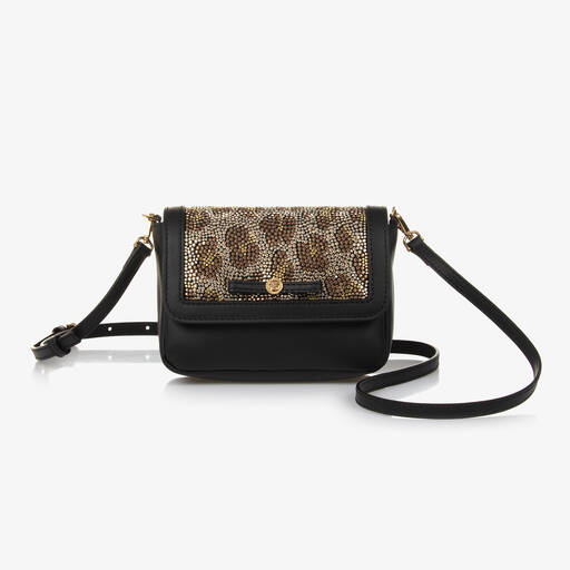 Versace-Girls Black Leather & Leopard Stud Handbag (16cm) | Childrensalon