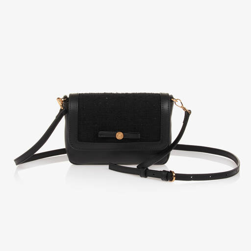 Versace- حقيبة بنقشة ميدوسا تويد وجلد لون أسود للبنات (16 سم) | Childrensalon