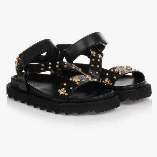 Versace-Girls Black Studded Leather Sandals | Childrensalon