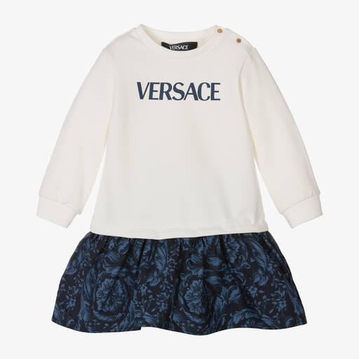 Versace-فستان قطن جيرسي لون أزرق وعاجي بطبعة باروك | Childrensalon