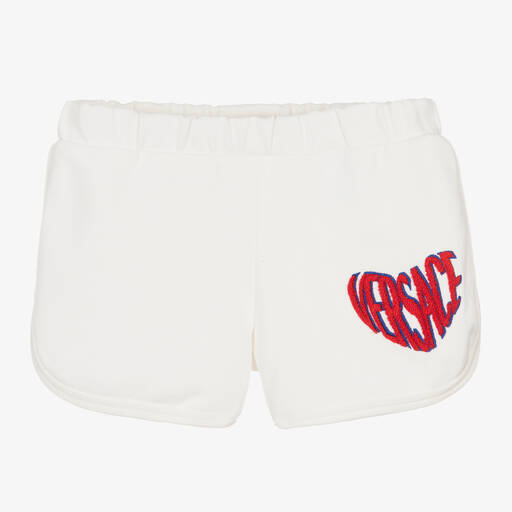 Versace-Girls Ivory Graphic Heart Cotton Shorts | Childrensalon