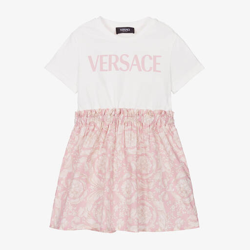 Versace-Girls Ivory & Pink Barocco Cotton Dress | Childrensalon