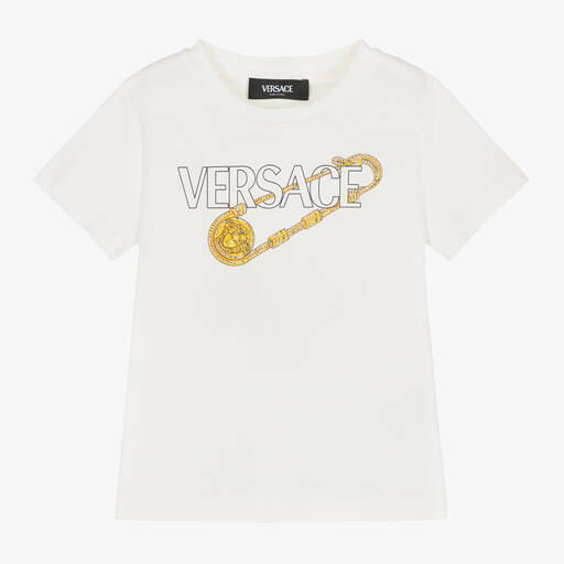 Versace-Кремовая хлопковая футболка со стразами для девочек | Childrensalon