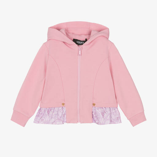 Versace-Girls Pink Barocco Cotton Zip Up Hoodie | Childrensalon