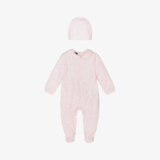Versace-Girls Pink Cotton Babysuit & Hat Set | Childrensalon