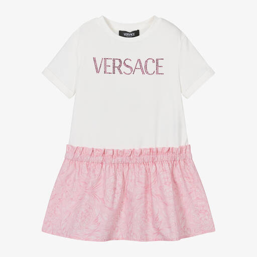Versace-فستان بطبعة باروك مزيج قطن لون زهري وعاجي | Childrensalon