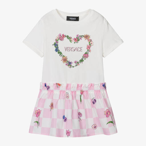 Versace-Розовое хлопковое платье в клетку с цветами для девочек | Childrensalon