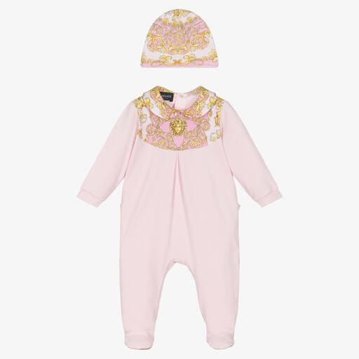 Versace-Girls Pink Cotton Medusa Babysuit Set | Childrensalon