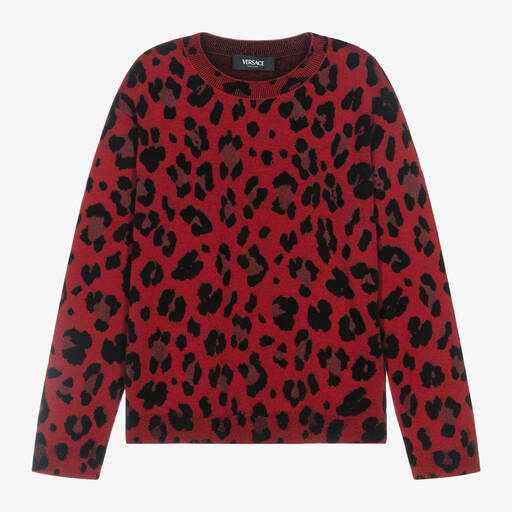 Versace-Girls Red Leopard Print Wool Sweater | Childrensalon