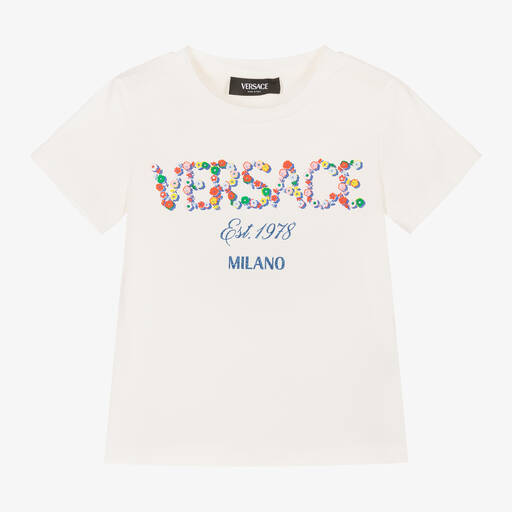 Versace-Girls White Cotton T-Shirt | Childrensalon