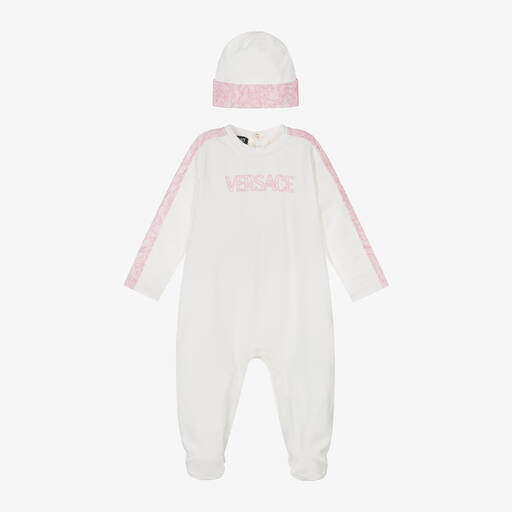 Versace-Girls White & Pink Barocco Babysuit Set | Childrensalon