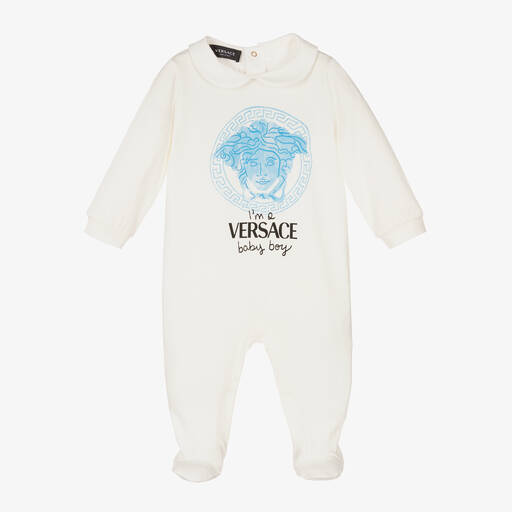 Versace-Ivory & Blue Logo Babysuit | Childrensalon