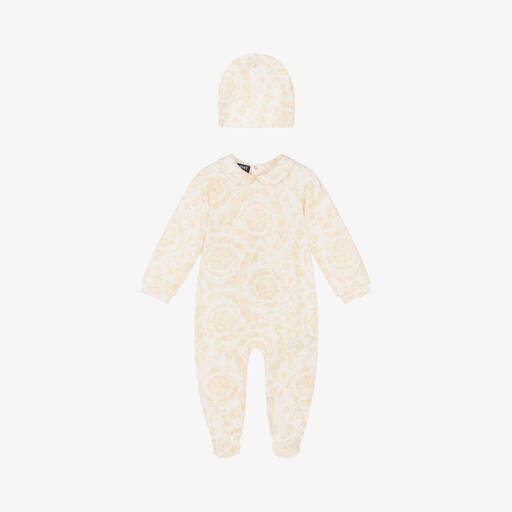 Versace-Ivory Cotton Babysuit & Hat Set | Childrensalon
