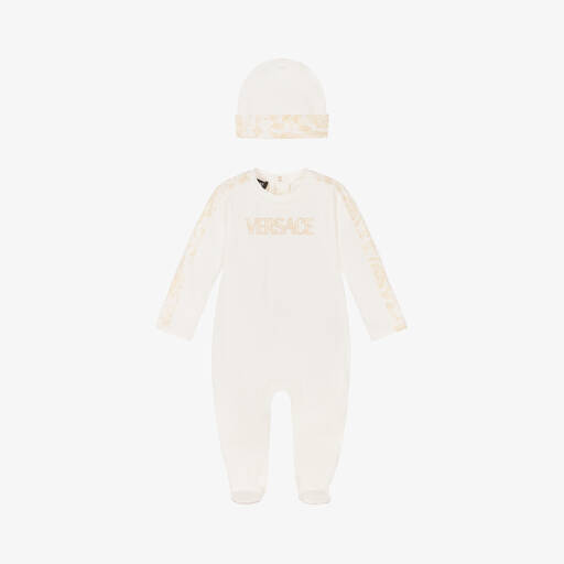 Versace-Ivory Cotton Babysuit & Hat Set | Childrensalon