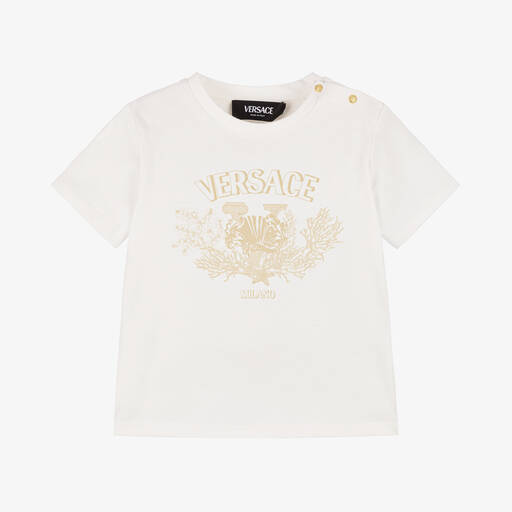 Versace-Ivory Cotton University Coral Baby T-Shirt | Childrensalon