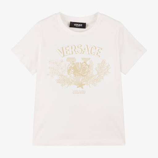 Versace-Ivory Cotton University Coral T-Shirt | Childrensalon