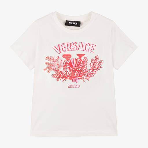 Versace-Ivory Cotton University Coral T-Shirt | Childrensalon