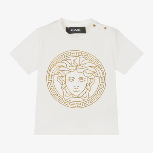 Versace-Ivory & Gold Medusa Cotton T-Shirt | Childrensalon