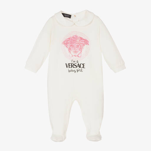 Versace-Ivory & Pink Logo Babysuit | Childrensalon
