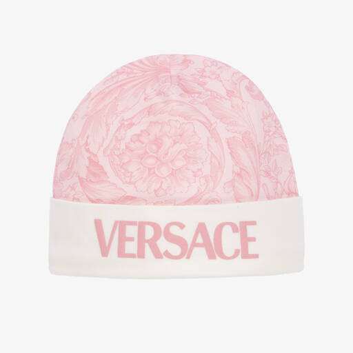 Versace-Pink Barocco Print Cotton Baby Hat | Childrensalon