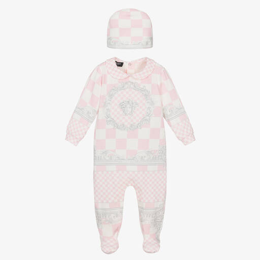 Versace-Pink Cotton Barocco Babysuit Gift Set | Childrensalon