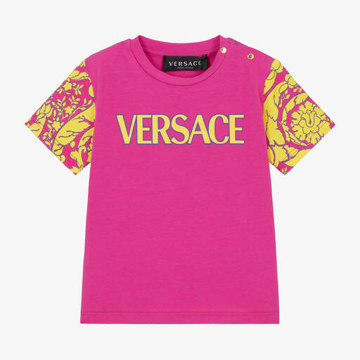 Versace-Pink Cotton Barocco Sleeve Baby T-Shirt | Childrensalon