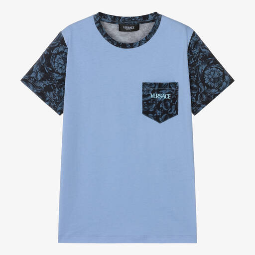 Versace-Teen Boys Blue Cotton Barocco T-Shirt | Childrensalon