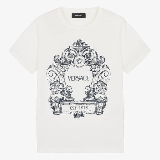 Versace-Кремовая хлопковая футболка с картушем для мальчиков-подростков | Childrensalon