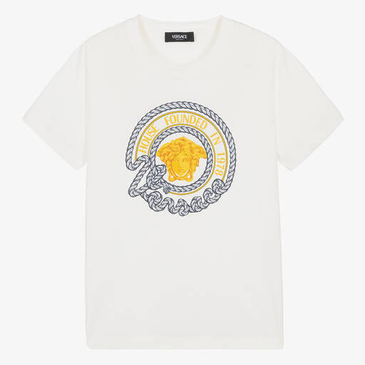 Versace-Кремовая хлопковая футболка Medusa для мальчиков-подростков | Childrensalon