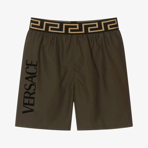 Versace-Плавки-шорты цвета хаки с принтом Greca | Childrensalon