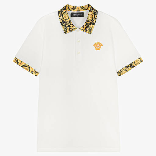 Versace-Белая рубашка поло из хлопка с принтом Barocco | Childrensalon
