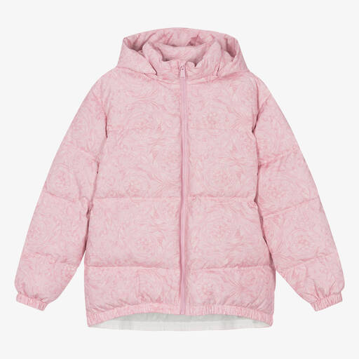 Versace-Teen Girls Pink Barocco Down Puffer Jacket | Childrensalon