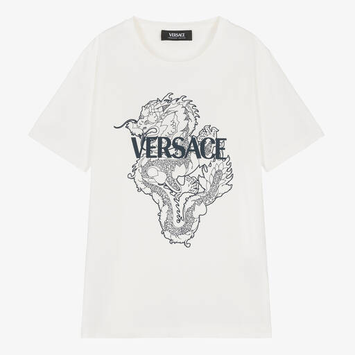 Versace-تيشيرت بطبعة تنين قطن جيرسي لون أبيض وكحلي | Childrensalon