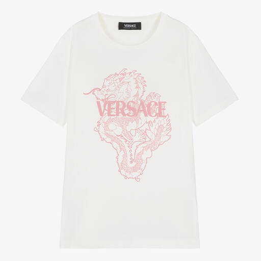 Versace-تيشيرت بطبعة تنين قطن جيرسي لون أبيض وزهري | Childrensalon