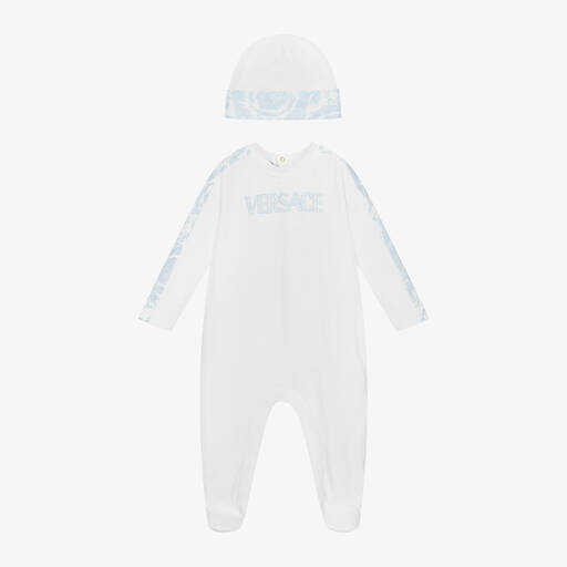 Versace-White & Blue Cotton Barocco Babysuit Set | Childrensalon