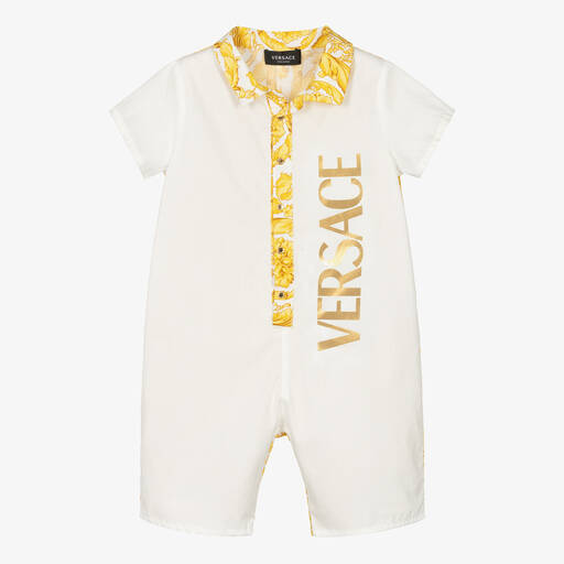 Versace-Бело-золотистый песочник с принтом Barocco | Childrensalon