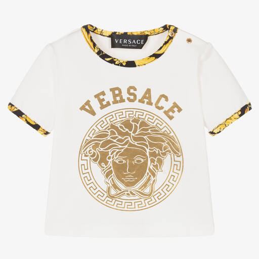 Versace-White & Gold Cotton Medusa T-Shirt | Childrensalon